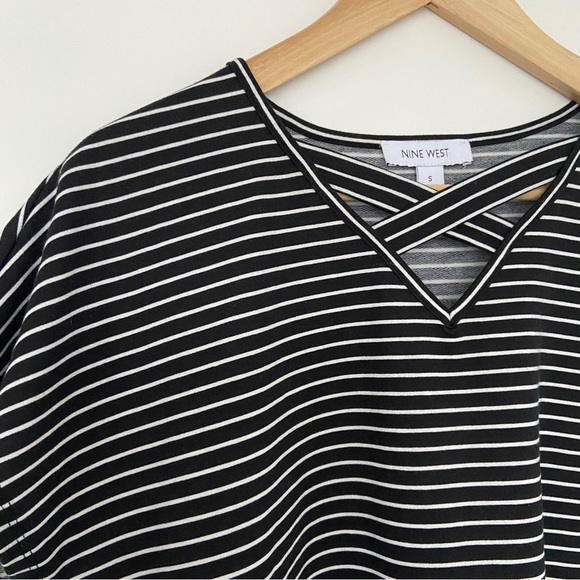 NINE WEST BLACK/WHITE STRIPED DOLMAN TSHIRT W/ CRISSCROSS NECKLINE DETAIL, S - Picture 6 of 8